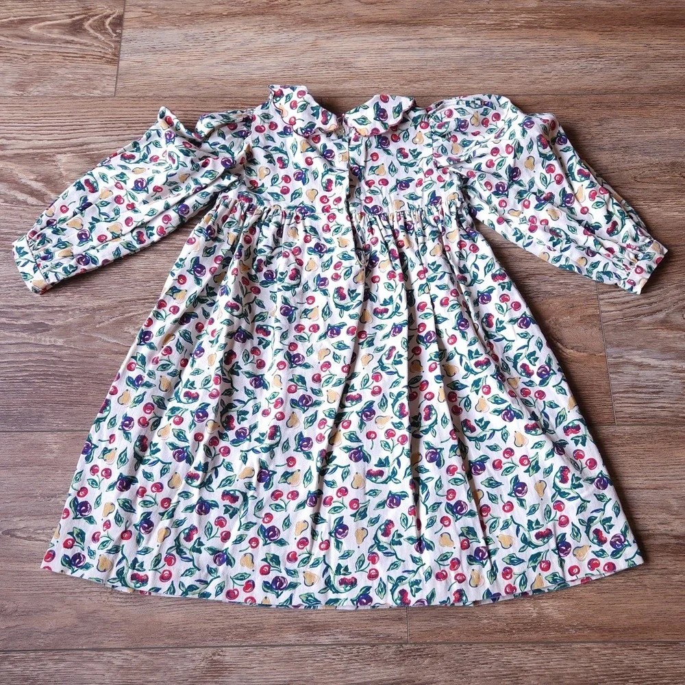 VTG OshKosh Collection Fruit Smocked Dress 5 Girls Corduroy Pears Cherries USA